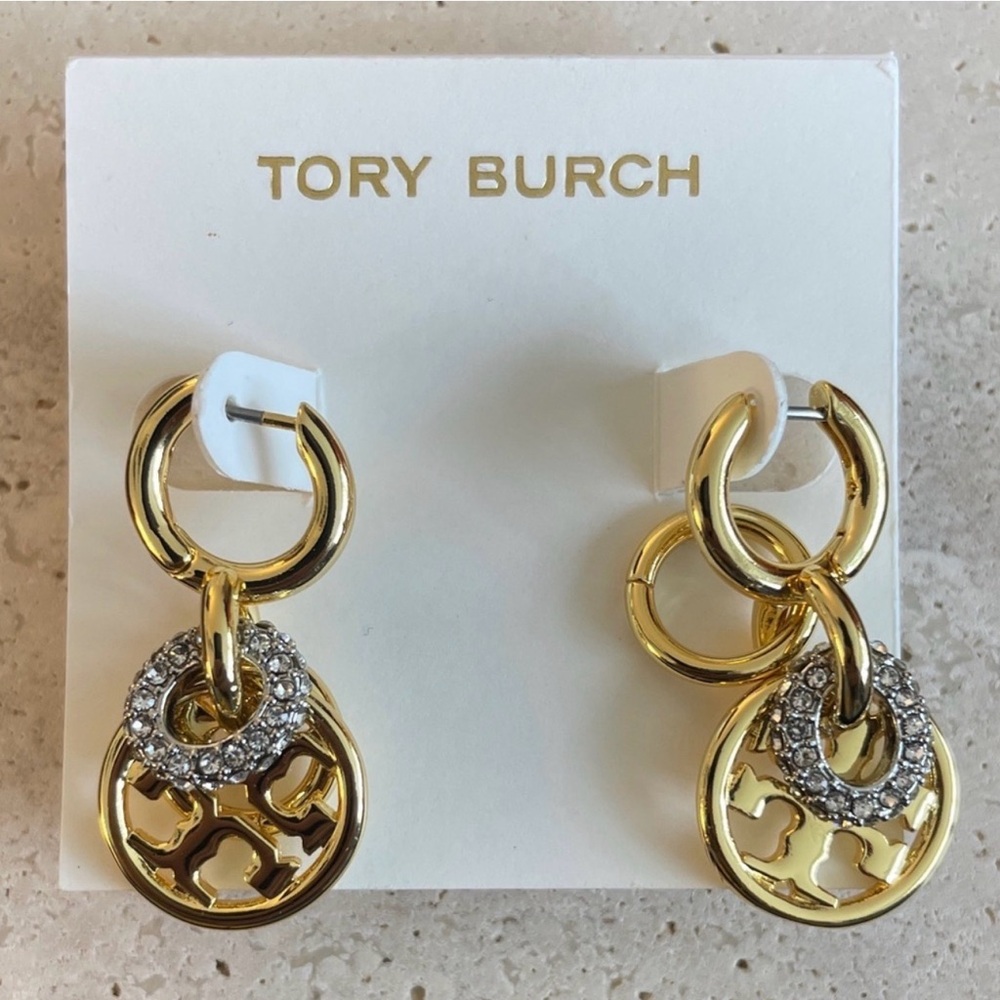 Tory Burch Gold Logo Link Drop Earrings with Crystal Accents
